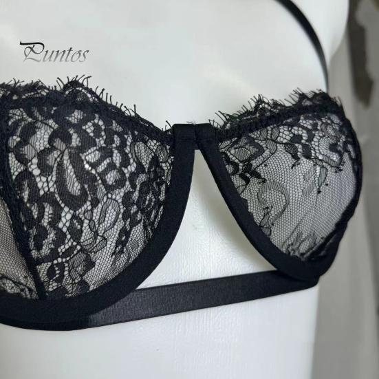 2 Pcs/Set Bra Panties Set See-through Lace Floral Embroidery Solid Color Adjustable Strap Thin High Waist G-string Wedding Night Honeymoon Underwear