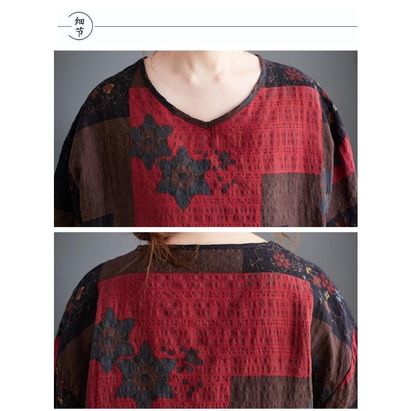 Retro Bedruckte Leinen Kurzarm Tops Sommer Dünn Lässig Locker sitzend Blasen Baumwolle und Leinen Herz-Ausschnitt T-Shirts