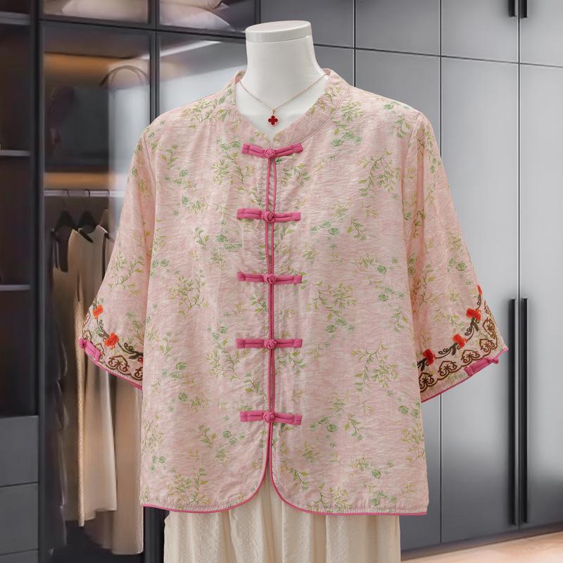 

Elegant Retro Chinese Style Linen Tencel Blouse - Short Sleeve, Stand Collar, Frog Button, Loose Fit for Women XL (Approx. 40-50 kg)