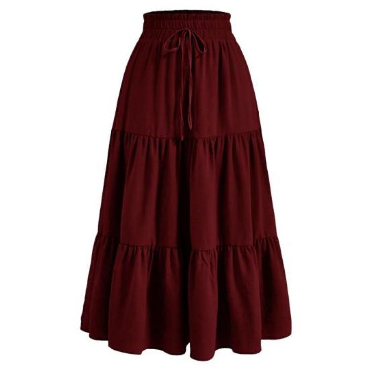 

Women Summer Skirt Bohemian Style Elastic High Waist Adjustable Drawstring Cake Skirt A Line Solid Color XL