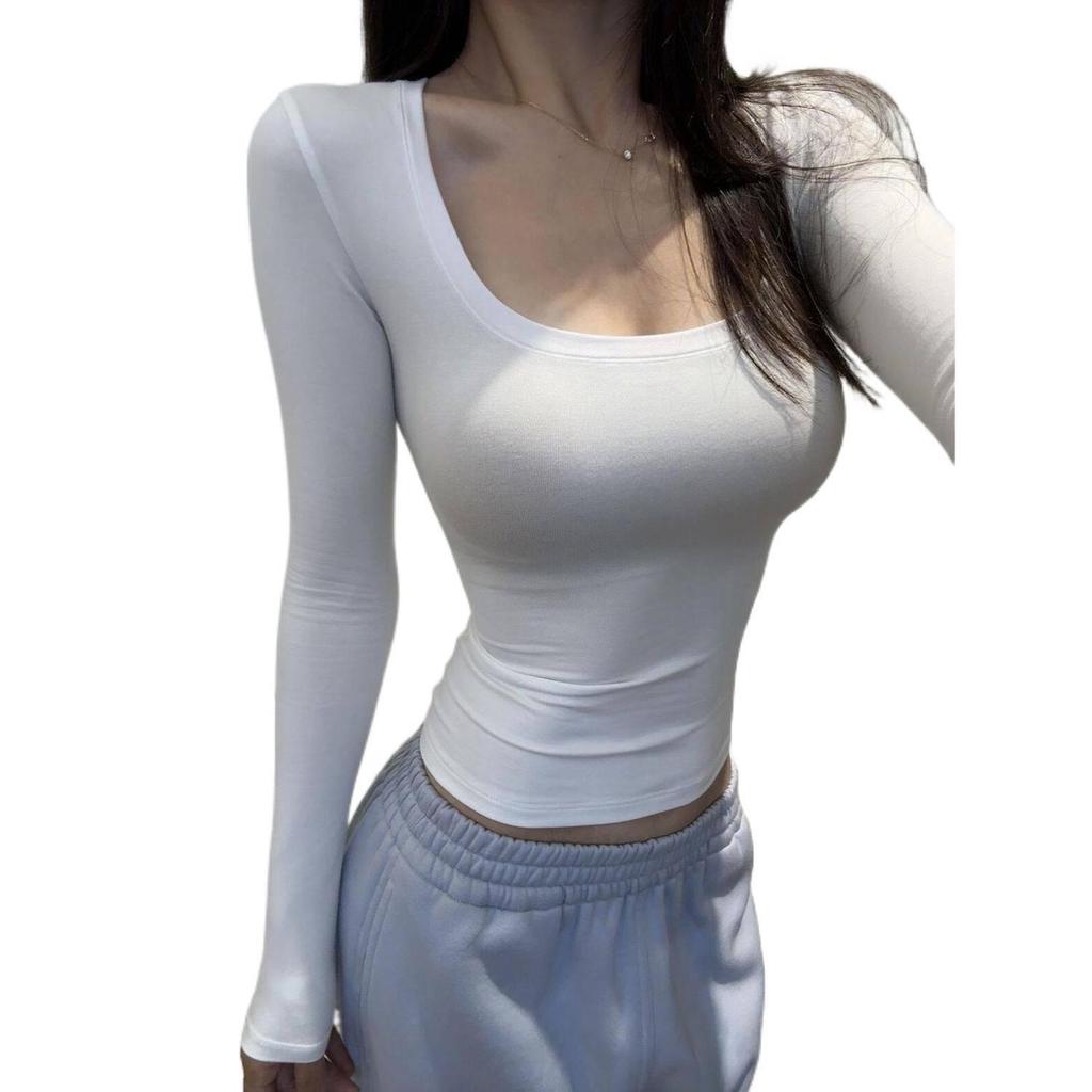 Women's Blue U-Neck Spicy Slim Fit Long Sleeve Top for Autumn and Winter
