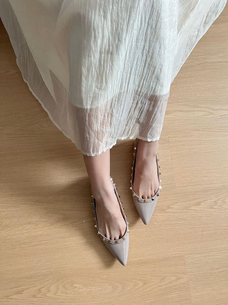 Elegante Damen-Plateau-Ballerinas: 5cm Höheneinlage, Spitze Zehenpartie, Nietenverziert, Französischer Stil, Weiches Lackleder