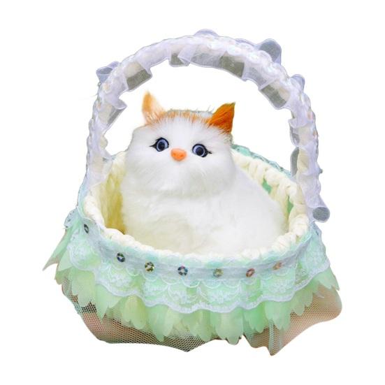 Cat In Flower Basket Model High Fidelity Fuzzy Kitty Shirring Lace Decor Battery-operated Soft Touch Plush Squeaking Feature Toy Figurine Holiday