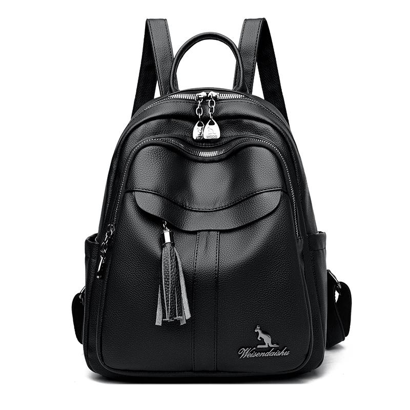 Women's Tassel Backpack Large Capacity Travel Bag Soft Leather Commuter Backpack
