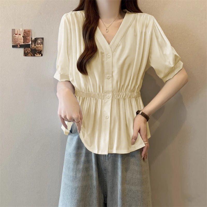 Women Light Blue V Neck Puff Sleeve Elastic Waist Peplum Button Down Casual Blouse