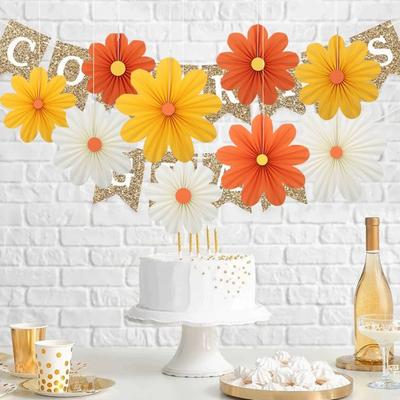 9pcs DIY Crafts Paper Fan Flower Pendant Decorative Garlands Folding Fan Hanging Ornaments Yellow Orange Daisy Hanging Banners