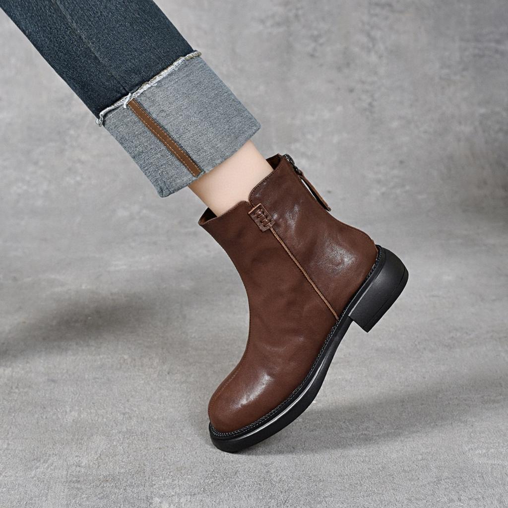 Martin boots women's autumn and winter new round head flat bottom short boots simple casual rear zipper leather boots cotton boots