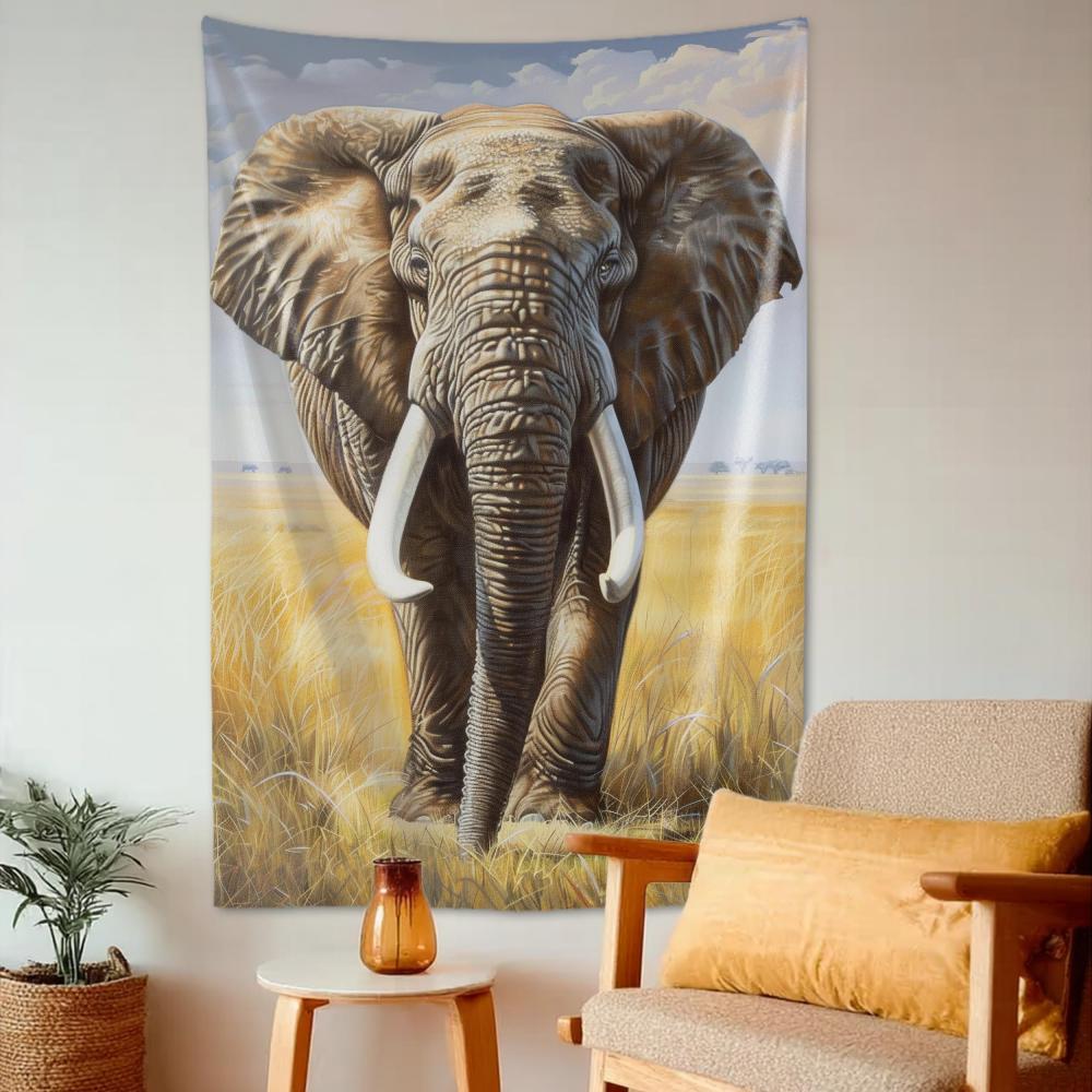 VIKAMA African Savannah Elephant Tapestry Realistic Oil Painting Style Wall Hanging Living Room Study Bed Breakfast Decor