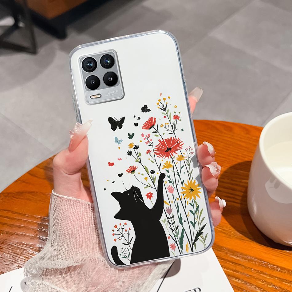 For Realme 8 Pro Case Lovely Cat Soft Transparent Phone Back Cover For Realme8 4G 5G Shockproof Comfortable TPU Silicone Bumper