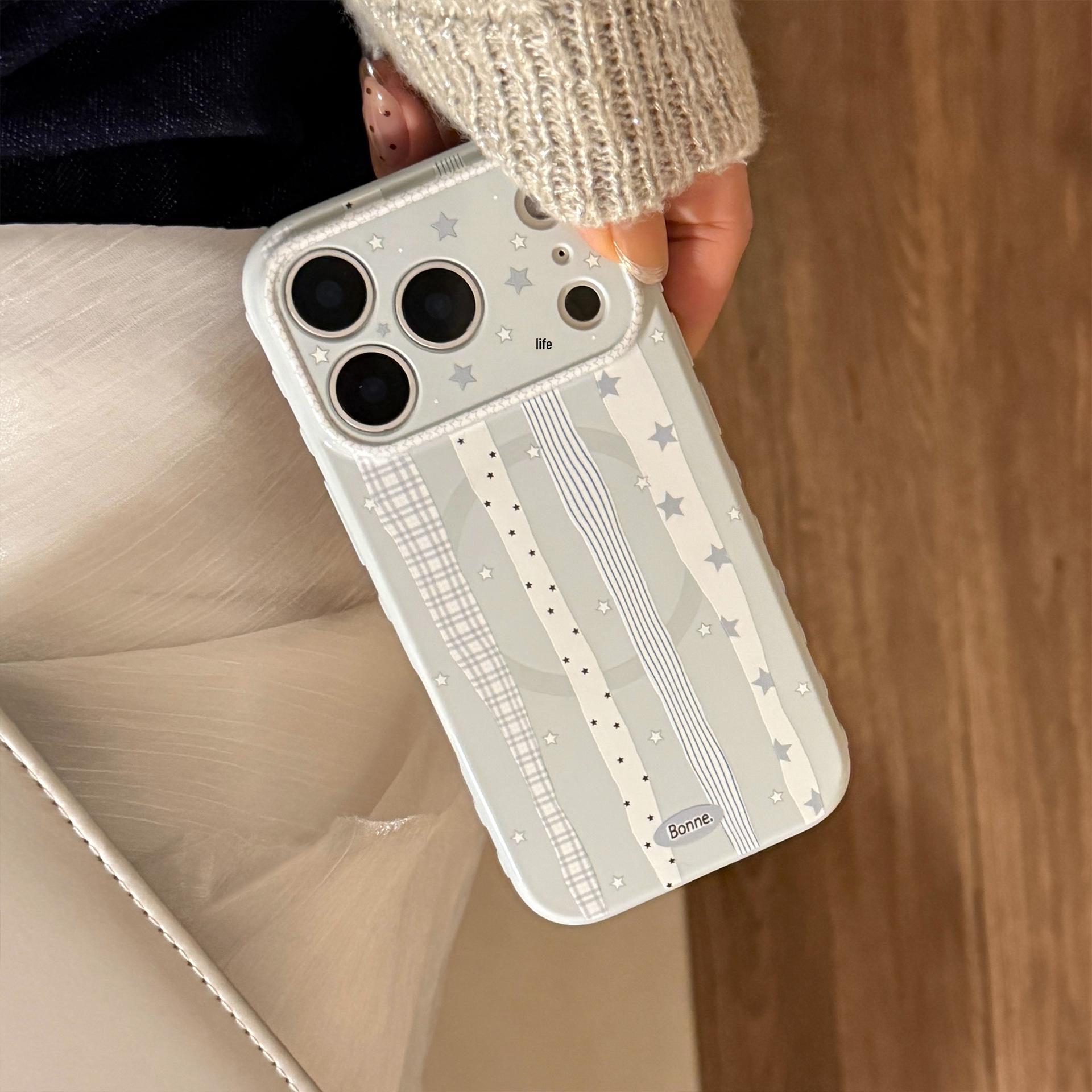 

Blue Star Magnetic Bracket Case for iPhone 17 Pro Max, iPhone 16, and iPhone 15/13 - Cream, Striped, Drop-Proof 12 Pro Max
