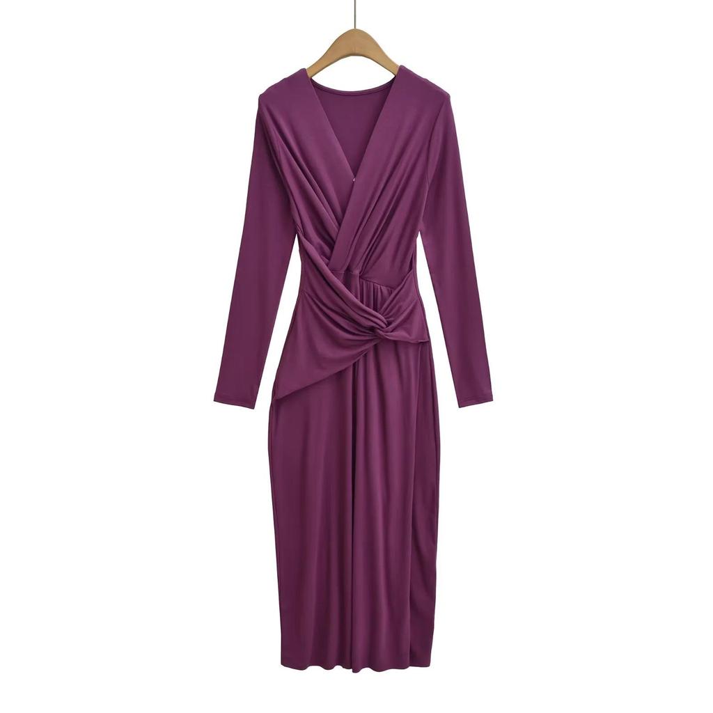 Elegant French Deep V-Neck Twisted Long-Sleeve Dress - Slimming Waist, Hip-Hugging Fit for Spring & Autumn