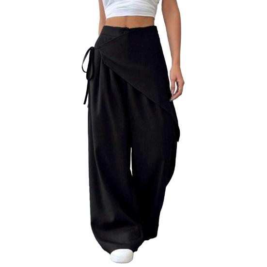 Yousheng Women Long Pants, Oversized Wide Leg Trousers with Apron Decor, Pure Color Elastic Waist Casual Pants for Daily Commuting