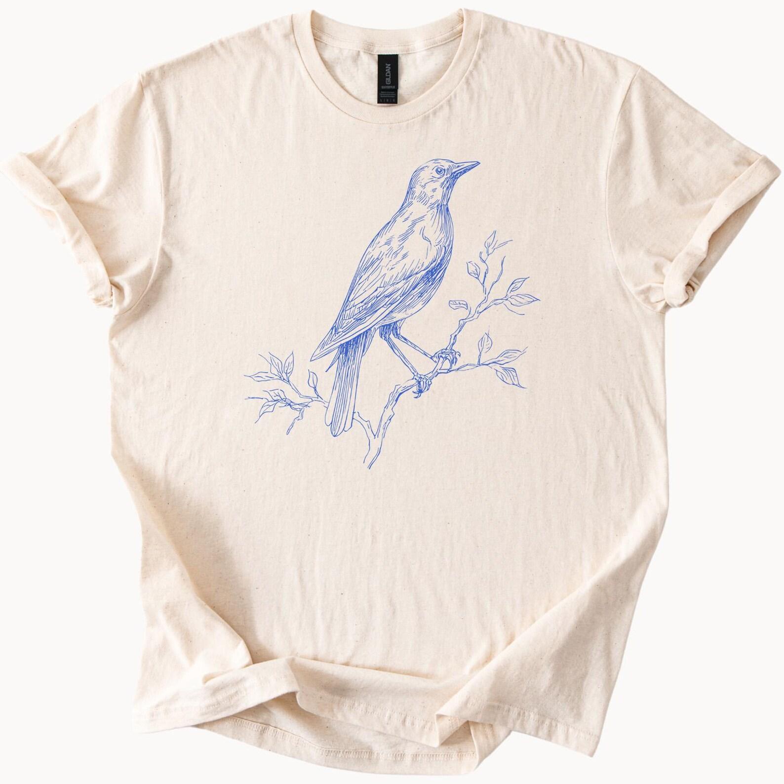 Bird Drawing Graphic Tshirt Nature Art Shirt Hand Drawn Songbird on Branch Botanical Sketch Tee Unique Gift for Bird Lover 110