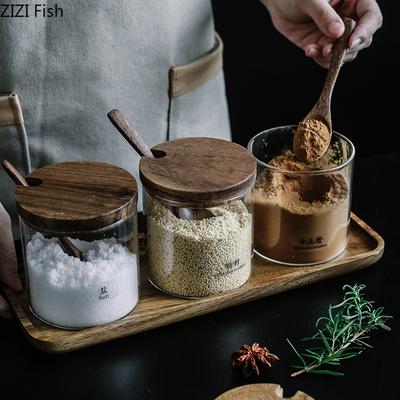Glass Seasoning Jar Seasoning Box with Wooden Lid Seasoning Storage Jar with Tray Kitchen Salt Shaker Seasoning Jar Home Decor