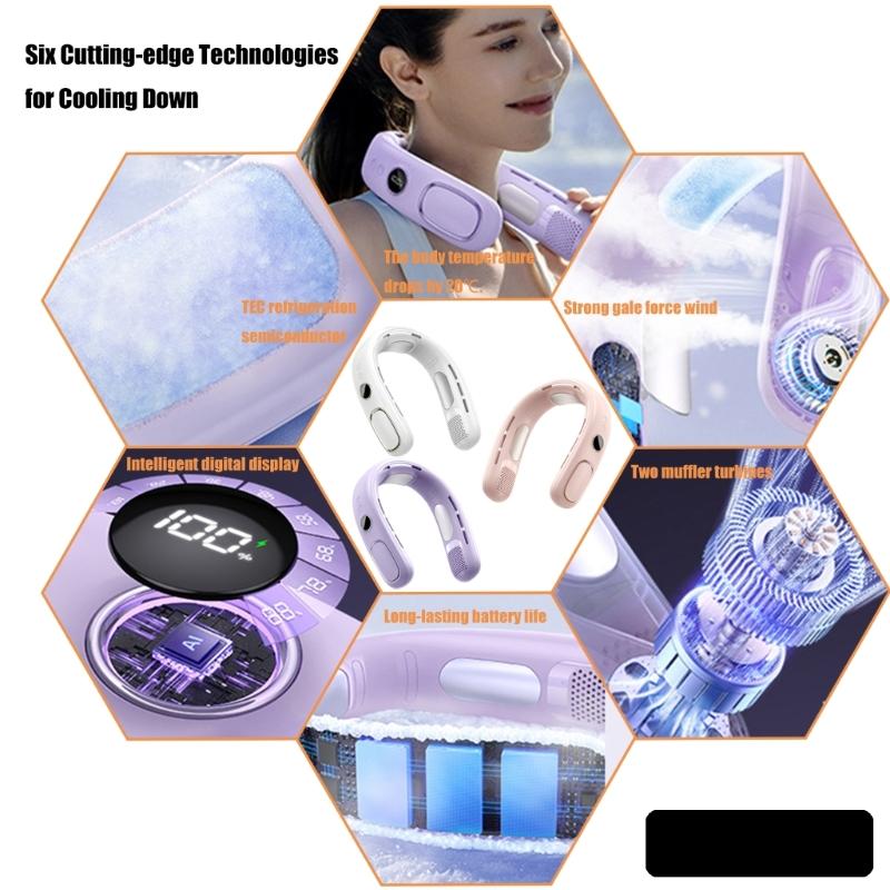 Semiconductor Hanging Necks Fan Bladeless Rechargeable Digital Display Fan Portable Cooling Gadget for Adults and Kids
