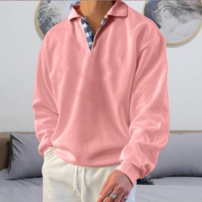 Contrast Plaid Inner Lapel Sweatshirt Men Solid Color Loose Long Sleeve Half Button Casual Polo Top
