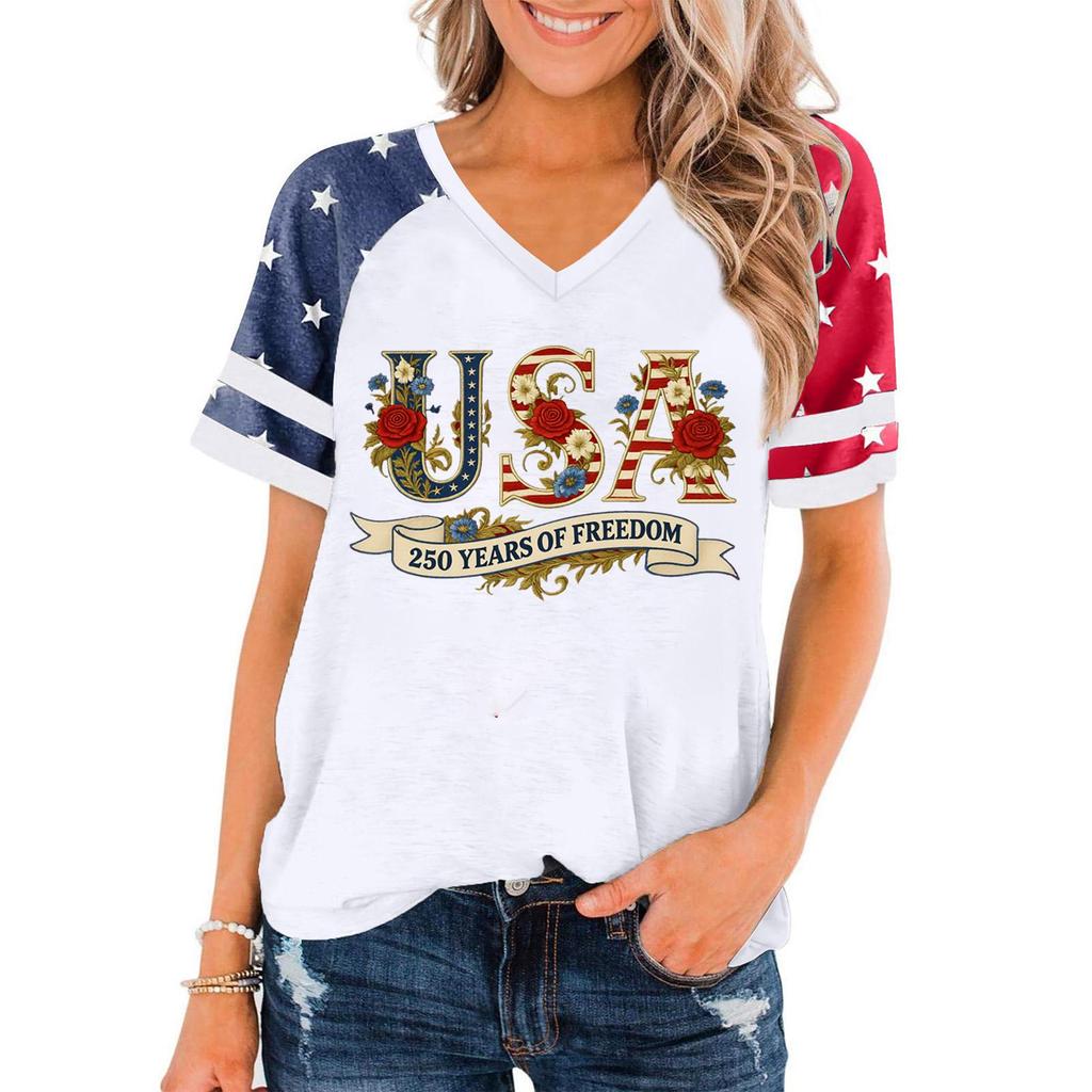 Women V Neck Short Sleeve Pullover T Shirt USA 250 Years Of Freedom Graphic Print Casual Top Patriotic Style