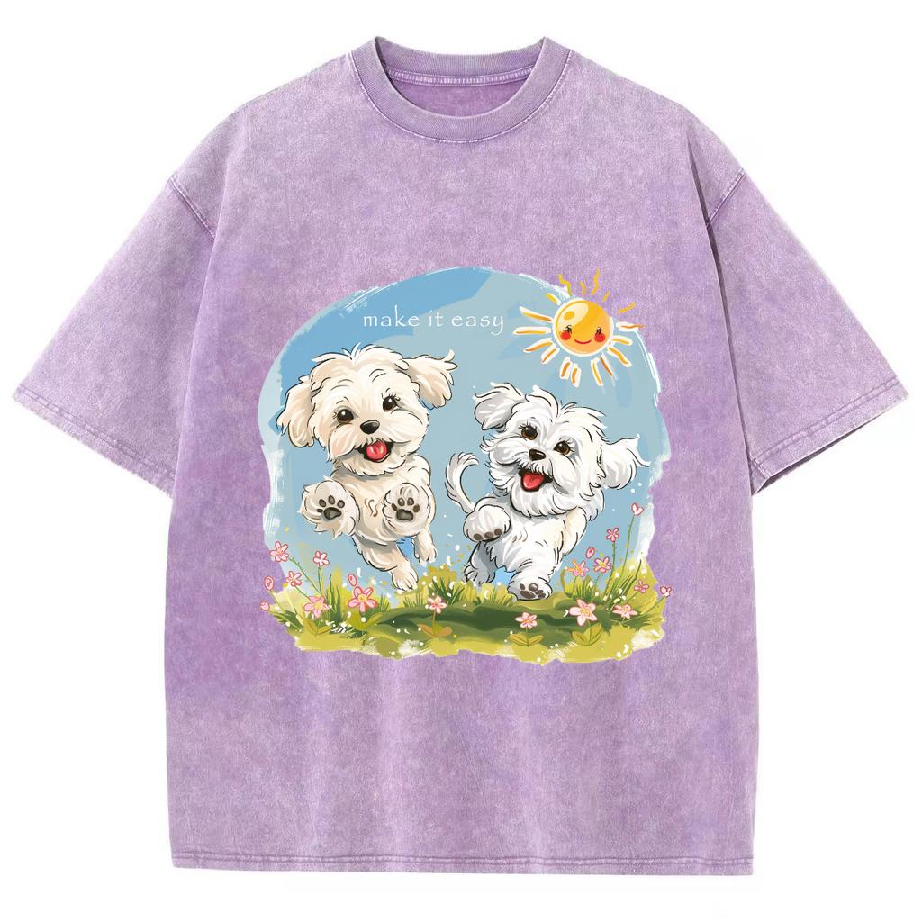 Cartoon Cute Puppy Print Summer Women's T-Shirt Y2K Oversized Neck Short Sleeve Washed Unisex Casual Top