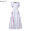 ZANZEA Women Casual Round Neck Short Sleeve Stripe Long Dress
