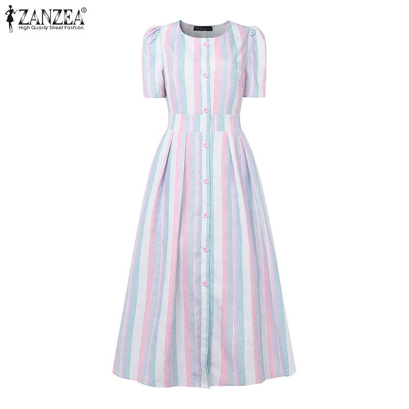 ZANZEA Women Casual Round Neck Short Sleeve Stripe Long Dress