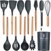 Heat Resistant Kitchen Accessories Cooking Utensil Kitchenware Non Stick Food Grade Wooden Handle Spatula Silicone Spoon Set