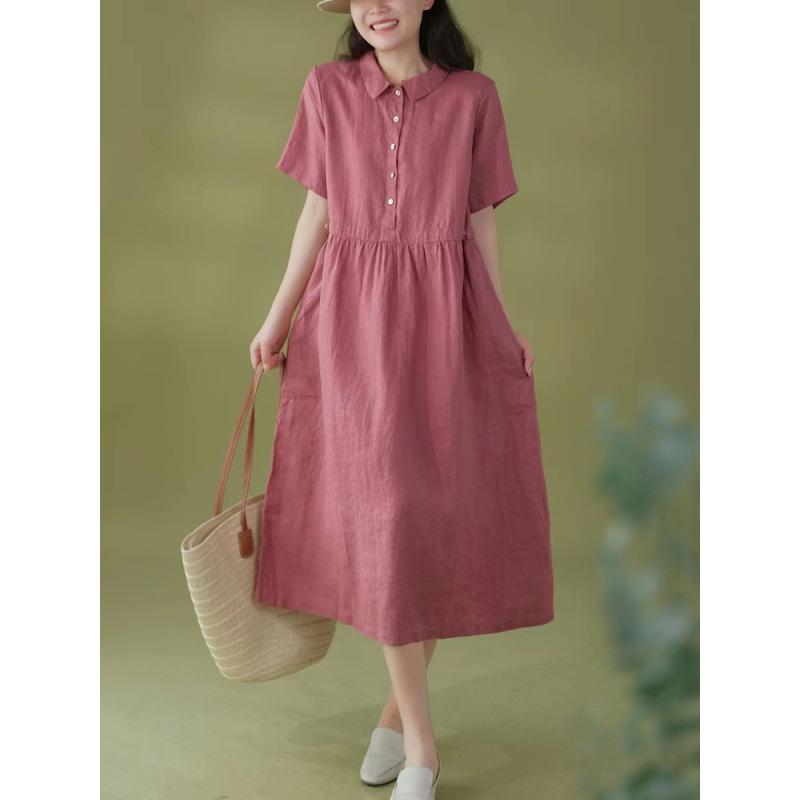 Korean Style Cotton Linen Retro Long Dress for Women, Spring/Summer 2026 Collection, Short Sleeve with Shirt Collar