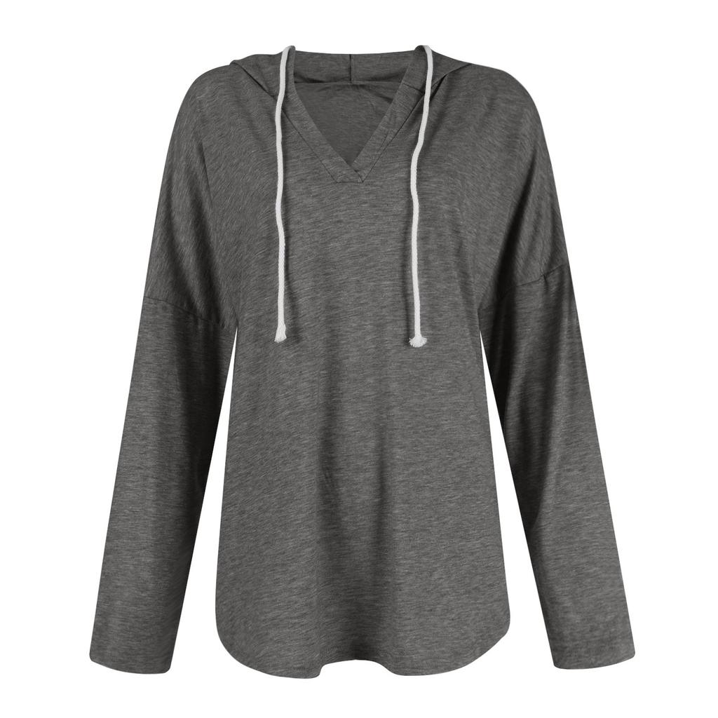 Women's Fashion Long Sleeve Lightweight Hooded Color Drawstring Top