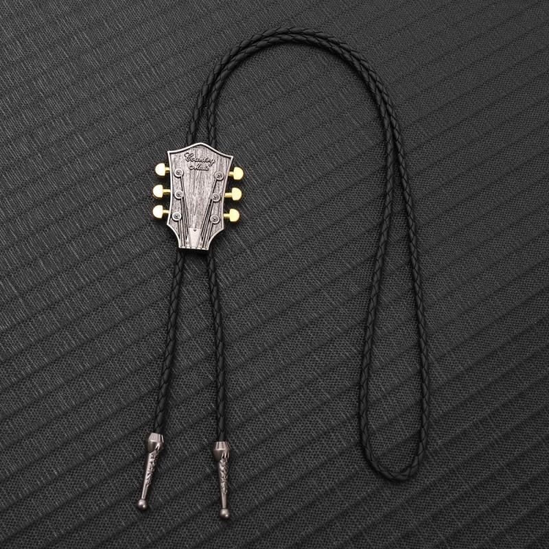 Handmade Retro Guitar Head Bolo Tie Necklace Men Women Western Cowboy Style Leather Chain Pendant Jewelry