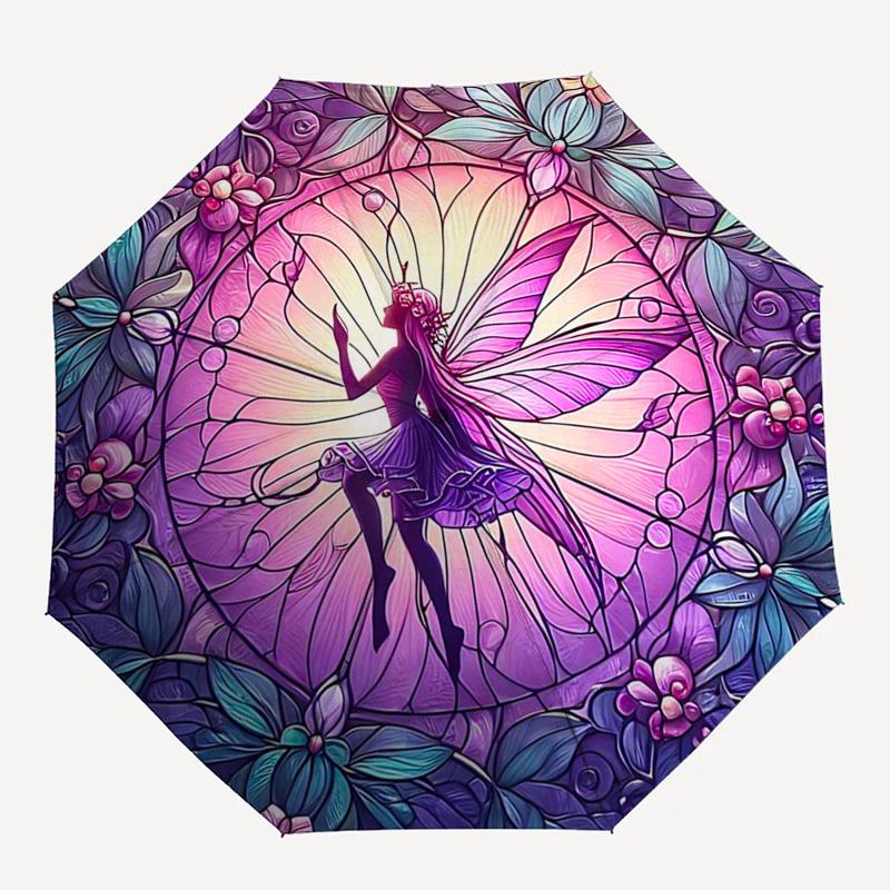 1pc Stained Glass Fairy Design Automatic Folding Umbrella - Portable 3-Fold Design with 8-Bone Iron Frame, Outdoor for Fans, Travelers, Daily Use, Gif