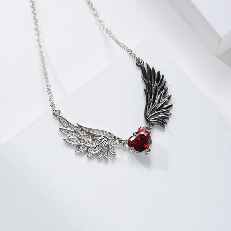 Cool Demonic Angel Wing Design Necklace Sweater Chain With Heart Charm Gothic Jewelry For Everyday Wear