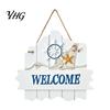 Blue And White Ocean Sign Mediterranean Style Wooden Welcome Sign, Starfish Shells Hanging Nautical Decor Plaque, Decorative Wall Art for Home