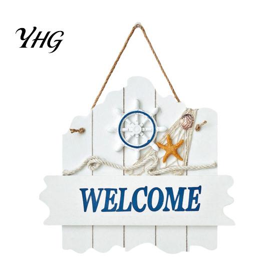 Blue And White Ocean Sign Mediterranean Style Wooden Welcome Sign, Starfish Shells Hanging Nautical Decor Plaque, Decorative Wall Art for Home