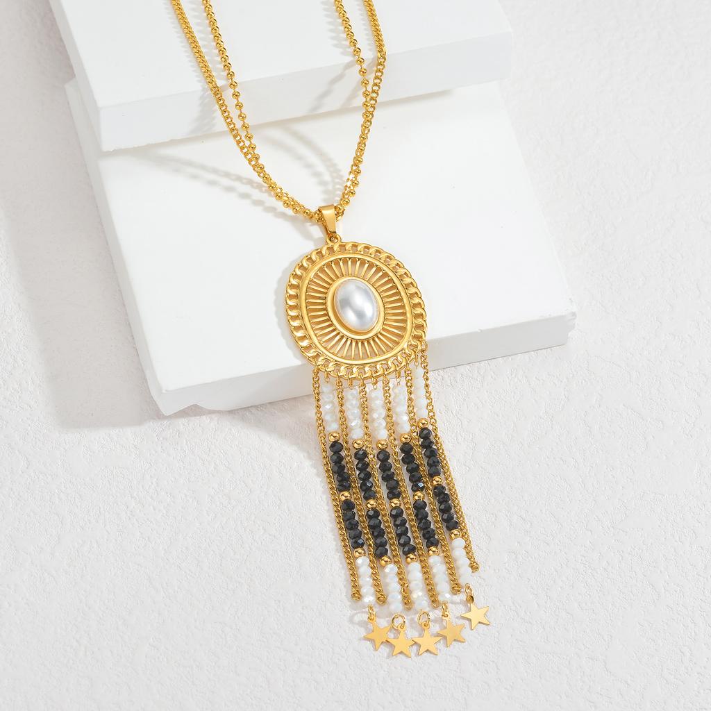 Atoztide Bohemian Pendant Necklace for Women Stainless Steel Trendy Imitation Pearl Tassel Sweater Chain Christmas Jewelry Gift