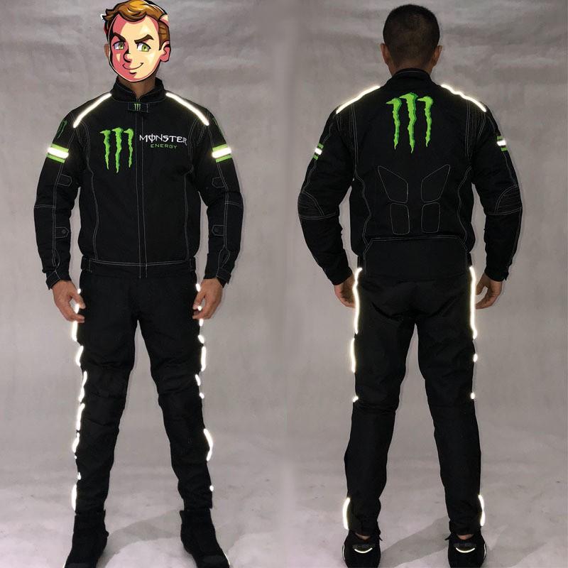 Mens All-Season Motorcycle Riding Jacket Windproof Crash-Resistant Biker Gear Black Full Set