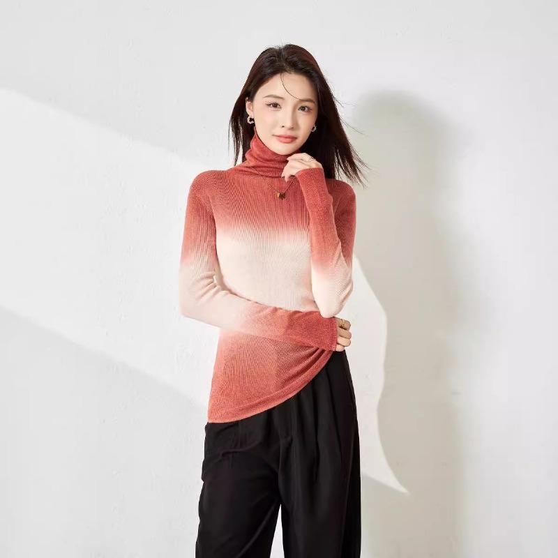 Autumn New Niche Design Sense Gradual Change of Color Slim and Thin Silk Wool Long Sleeve Bottoming Knitted Sweater Women