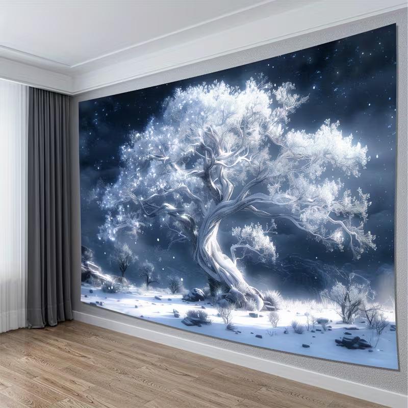 2D Mystical White Ice Tree Tapestry Glowing Winter Night Fantasy Wall Decor Cloth for Home & Bedroom