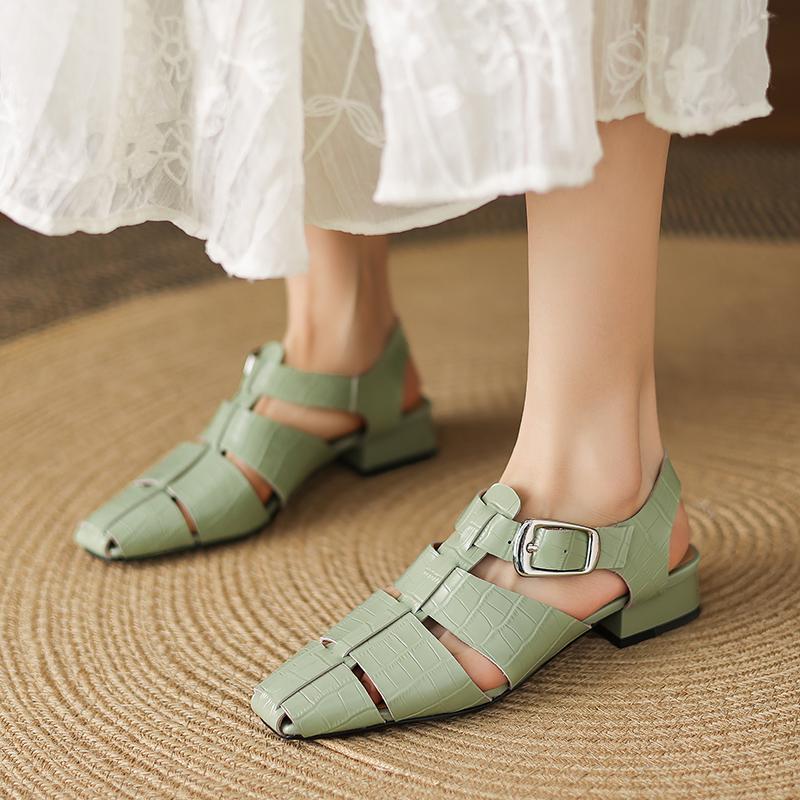 Fashion Women's Cow Leather Square Toe Hollow-out Ankle Strap Low-heel Sandals High Quality Soft Comfortable Elegant Ladies Daily Shoes