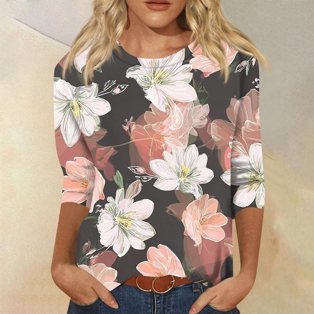 Damenmode Lässiges T-Shirt mit Rundhalsausschnitt und Dreiviertelärmeln und Aufdruck