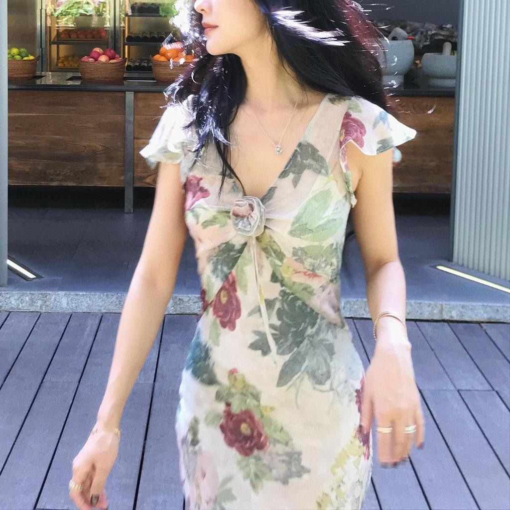 Boho asymmetrisches tief ausgeschnittenes langärmeliges zweiteiliges Kleid