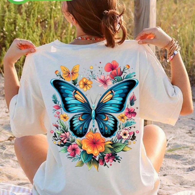 Women s Floral Butterfly Print T-Shirt Casual Short Sleeve Tee Summer Colorful Flower Back Print Crewneck Streetwear Top S