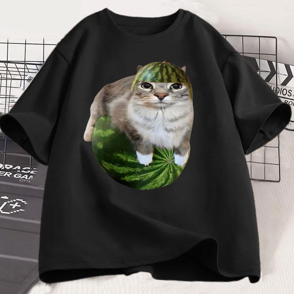 Watermelon Cat Silly Cat Funny Meme T Shirts Men's Women Clothing Casual Cotton T-shirt Fashion Short Sleeve Oversized T-shirts