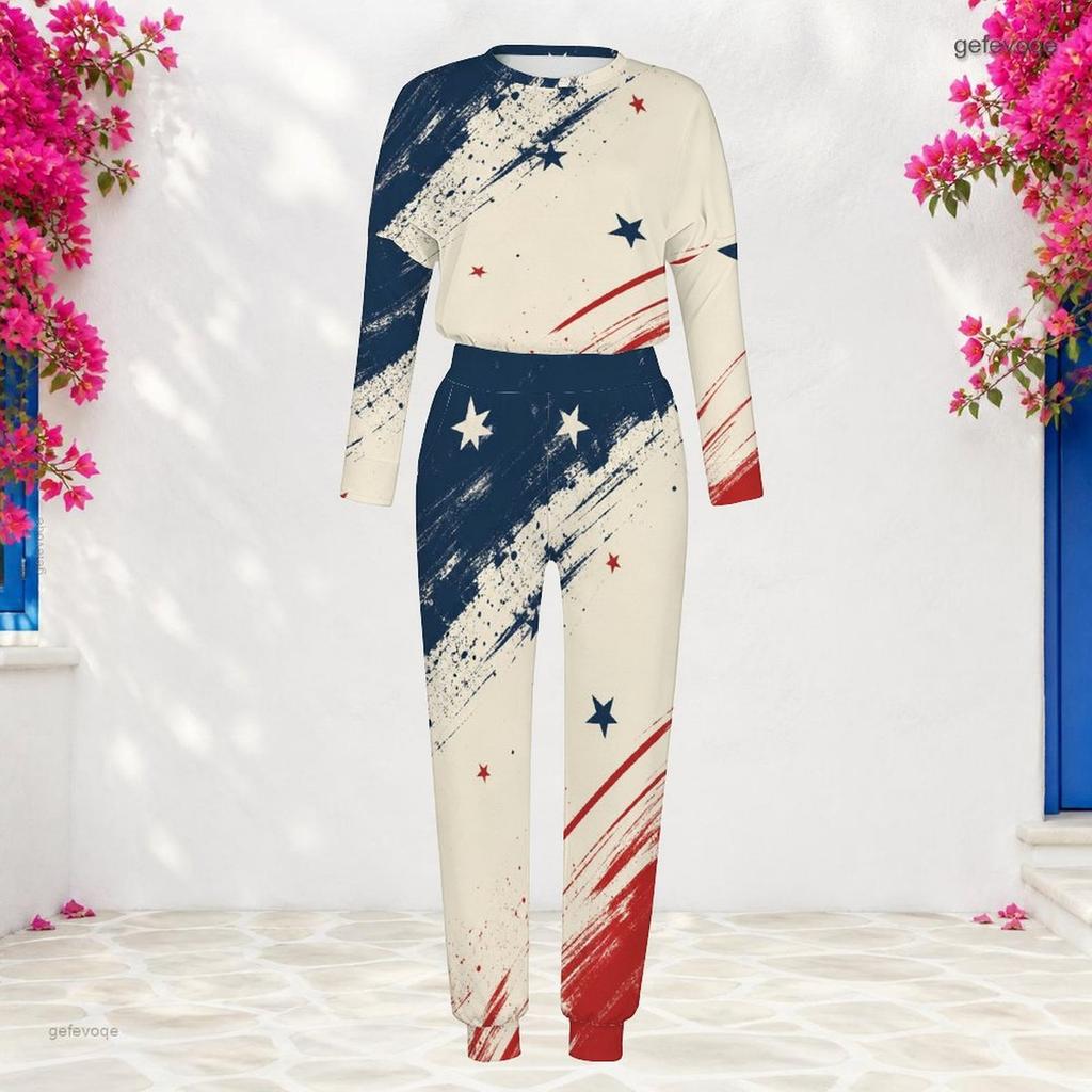 Women Plus Size Round Neck Long Sleeve Printed Cuffed Top And Cuffed Pants Two Piece Set