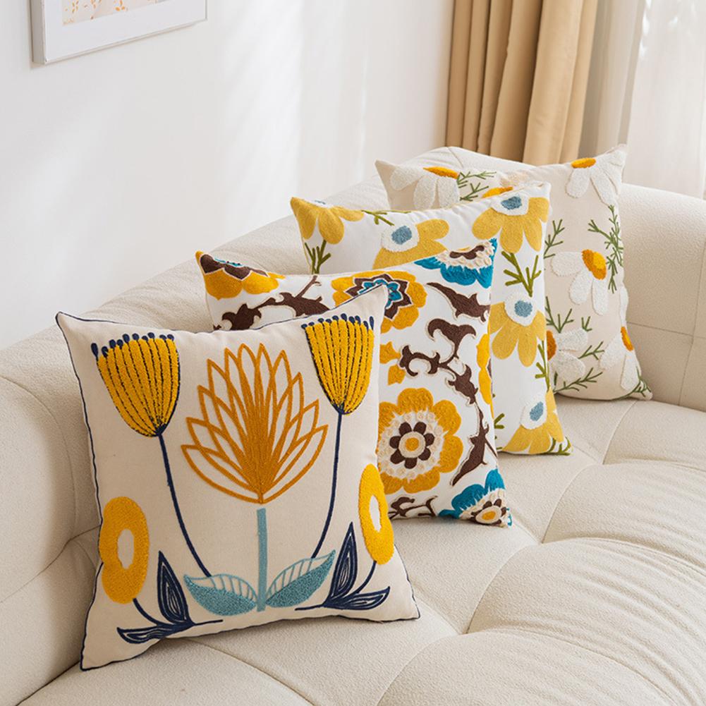 

Embroidery Flowers Pillow Cases Square Throw Pillow Cover Farmhouse Decor For Couch Sofa Bed Living Room Bedroom Home Decor