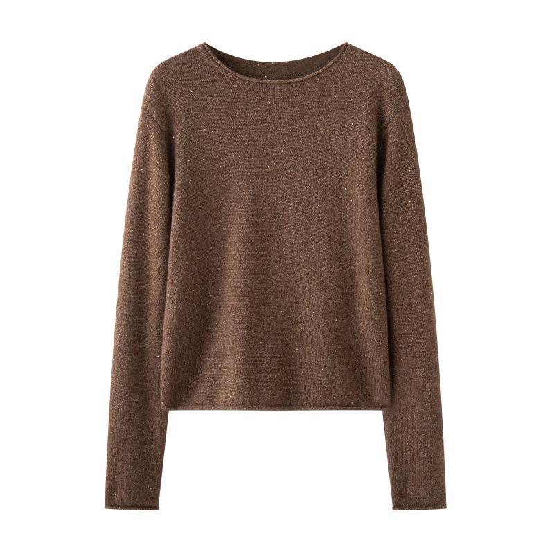 Women's Sequined Cashmere Sweater - Thickened Roll-Edge Round Neck, Versatile Autumn/Winter Casual Knit Base Layer