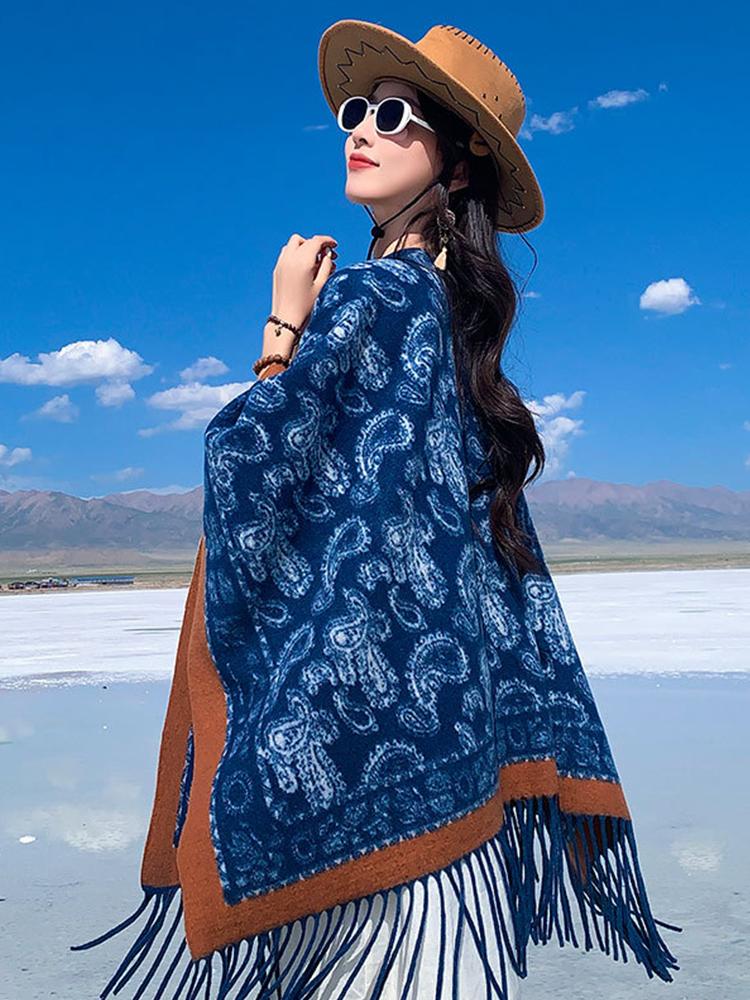 Winter Women Scarf Layers Poncho Elegant Lady Retro Print Tassel Wraps Shawl Casual Scarve Capa Para Mujer Pashmina Cloak Boho