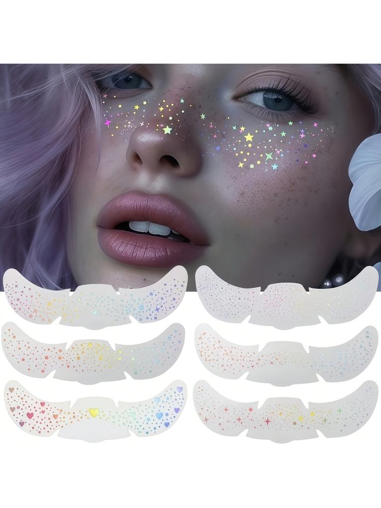6pcs Glitter Freckle Tattoos - Holographic Heart Face Stickers, Waterproof Temporary Tattoos for Festival & Party Makeup