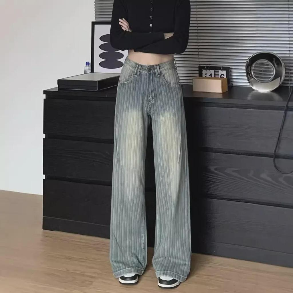 "2024 Americké retro široké pruhované džíny pro ženy - Slim rovný střih"