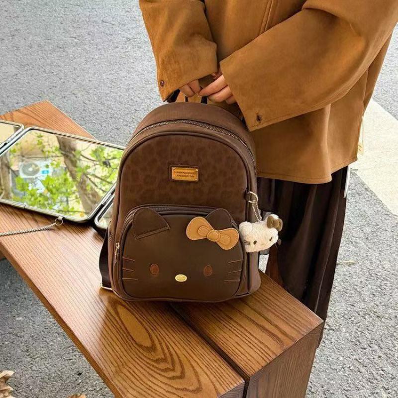 Vintage Plecak Hello Kitty w Panterkę dla Kobiet, PU Studentska Torba Szkolna, Urocza Kreskówkowa Torba na Ramię, Duża Pojemność Modny Plecak