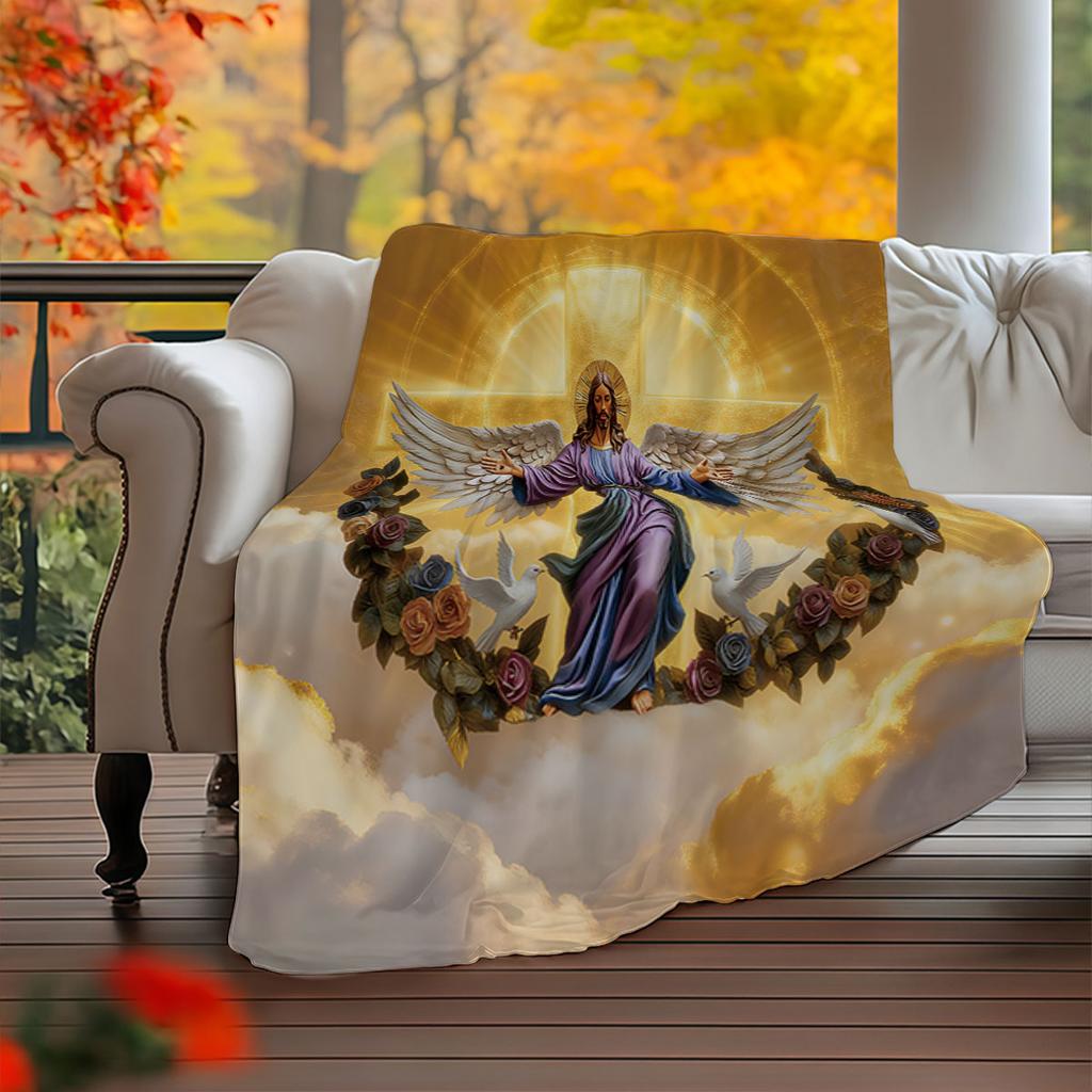 1pc Holy Jesus Print Flannel Blanket Multi Sizes Living Room Sofa Nap Cover Carpet Soft and Comfortable Machine Washable