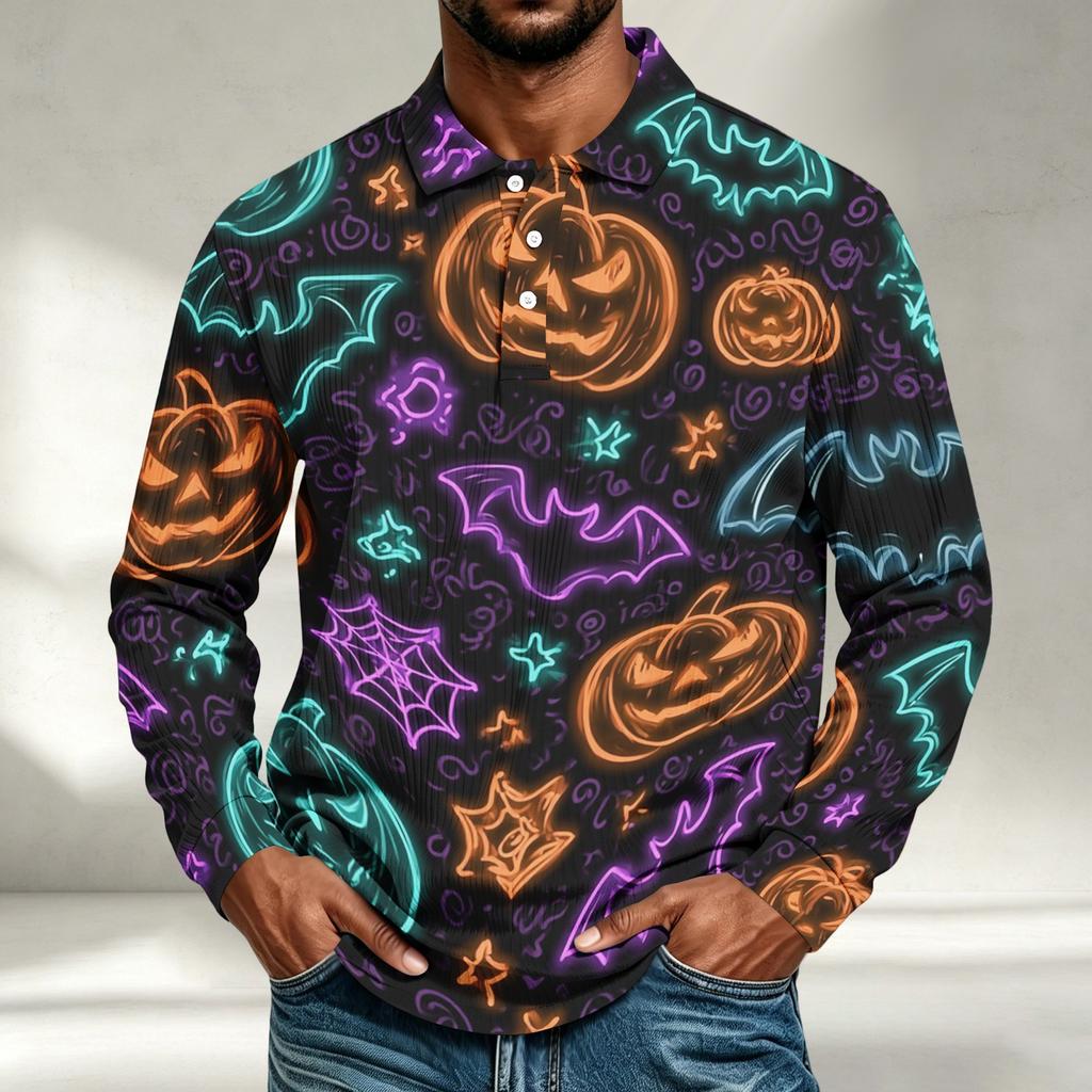 Men's Casual Halloween Print Long Sleeve Shirt Loose Fit